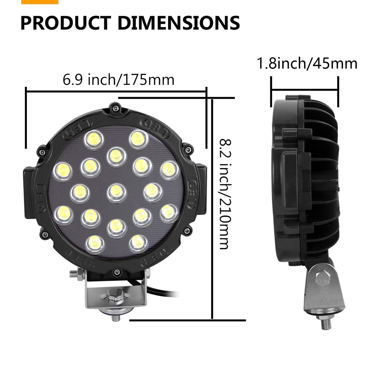 RIGIDON 2 Pcs Faros trabajo led redondo, Negro 7 pulgadas 51W, lámpara trabajo led para off road camión coche SUV 4x4 Tractor, 12v 24v faros antiniebla,6000K Floodlight, off road led lights