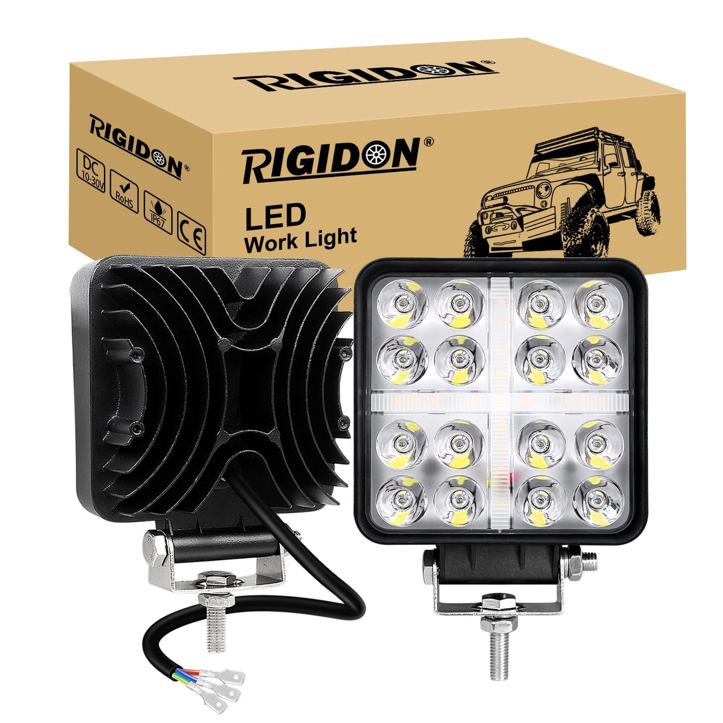RIGIDON 2 Piezas 4 pulgadas 48W faro de trabajo rectangular, Blanco y ámbar spot lámpara trabajo led para off road camión coche ATV 4x4 tractor, Exterior foco led 12v 24v spotlights faros antiniebla
