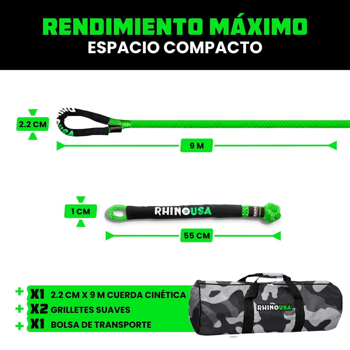 Rhino USA Cuerda Cinética para Remolque 13000kg - Cuerda de Remolque y Recuperación con 2X Grilletes - Correa de Rescate Todoterreno 2.2 cm x 9 m - para Todoterreno Quad UTV 4x4 - Verde