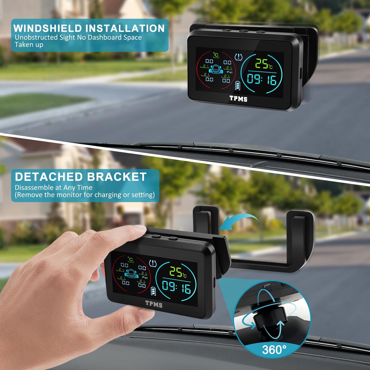 KAOLALI TPMS Sistema de monitoreo de presión de neumáticos, TPMS de visualización de Tiempo y Temperatura, Carga Solar y función de Carga USB, con 4 sensores externos de presión de neumáticos para RV