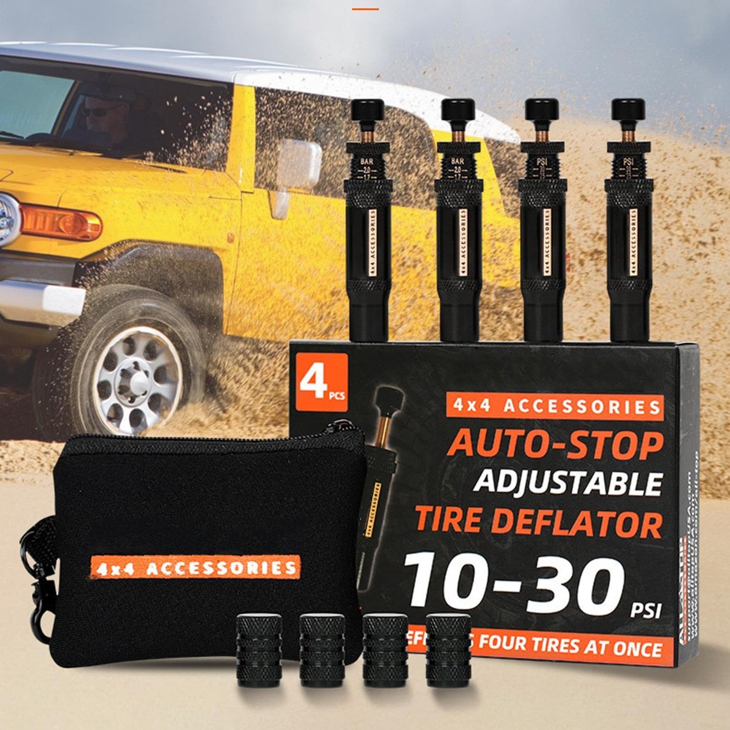 Deflactor de neumáticos automático, desinflador de neumáticos rápido, deflector de aire ajustable, 4 piezas 4 x 4 (10 – 30 psi) Auto Stop Rapid para vehículos todoterreno