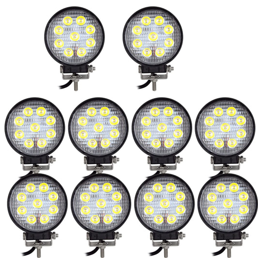 RIGIDON 10Pcs Faro de trabajo redondos, 4 pulgadas 27W, Spot lámpara trabajo led para off road camión coche ATV SUV 4x4 Tractor, Faros trabajo led 12v 24v Spotlights faros antiniebla,6000K Blanco
