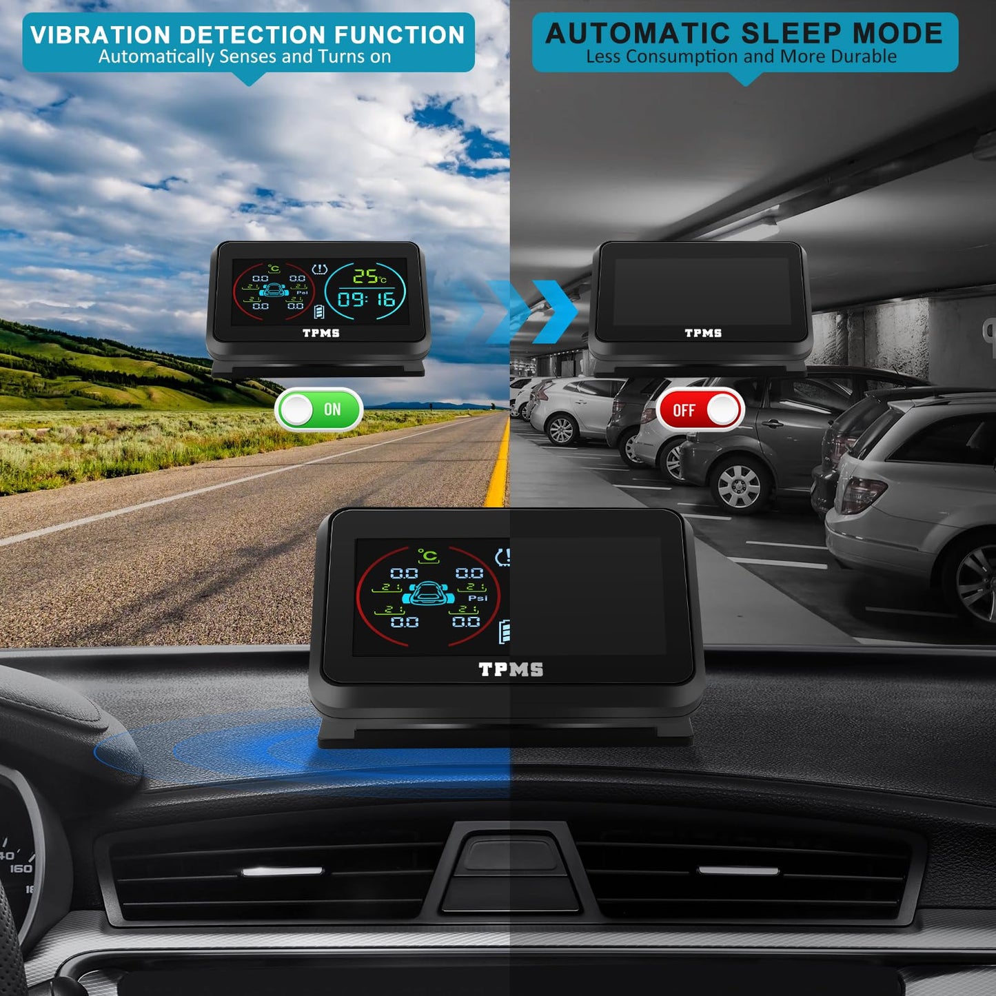 KAOLALI TPMS Sistema de monitoreo de presión de neumáticos, TPMS de visualización de Tiempo y Temperatura, Carga Solar y función de Carga USB, con 4 sensores externos de presión de neumáticos para RV