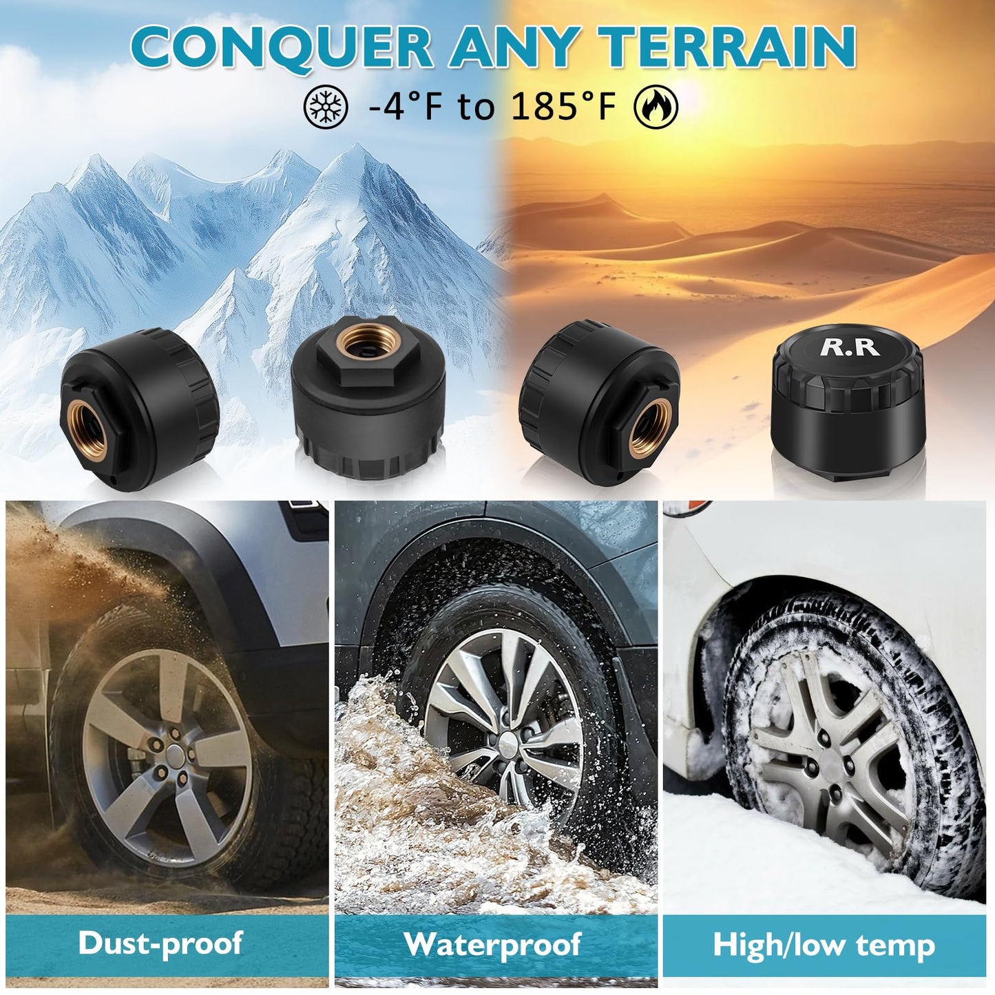 KAOLALI TPMS Sistema de monitoreo de presión de neumáticos, TPMS de visualización de Tiempo y Temperatura, Carga Solar y función de Carga USB, con 4 sensores externos de presión de neumáticos para RV