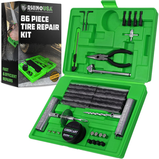 Rhino USA Kit de Reparación de Neumáticos (86 Piezas) Profesional – para Reparar pinchazos y sellar neumáticos sin cámara – Herramientas Completas para Coche, Moto, ATV, UTV, Caravana y Remolque