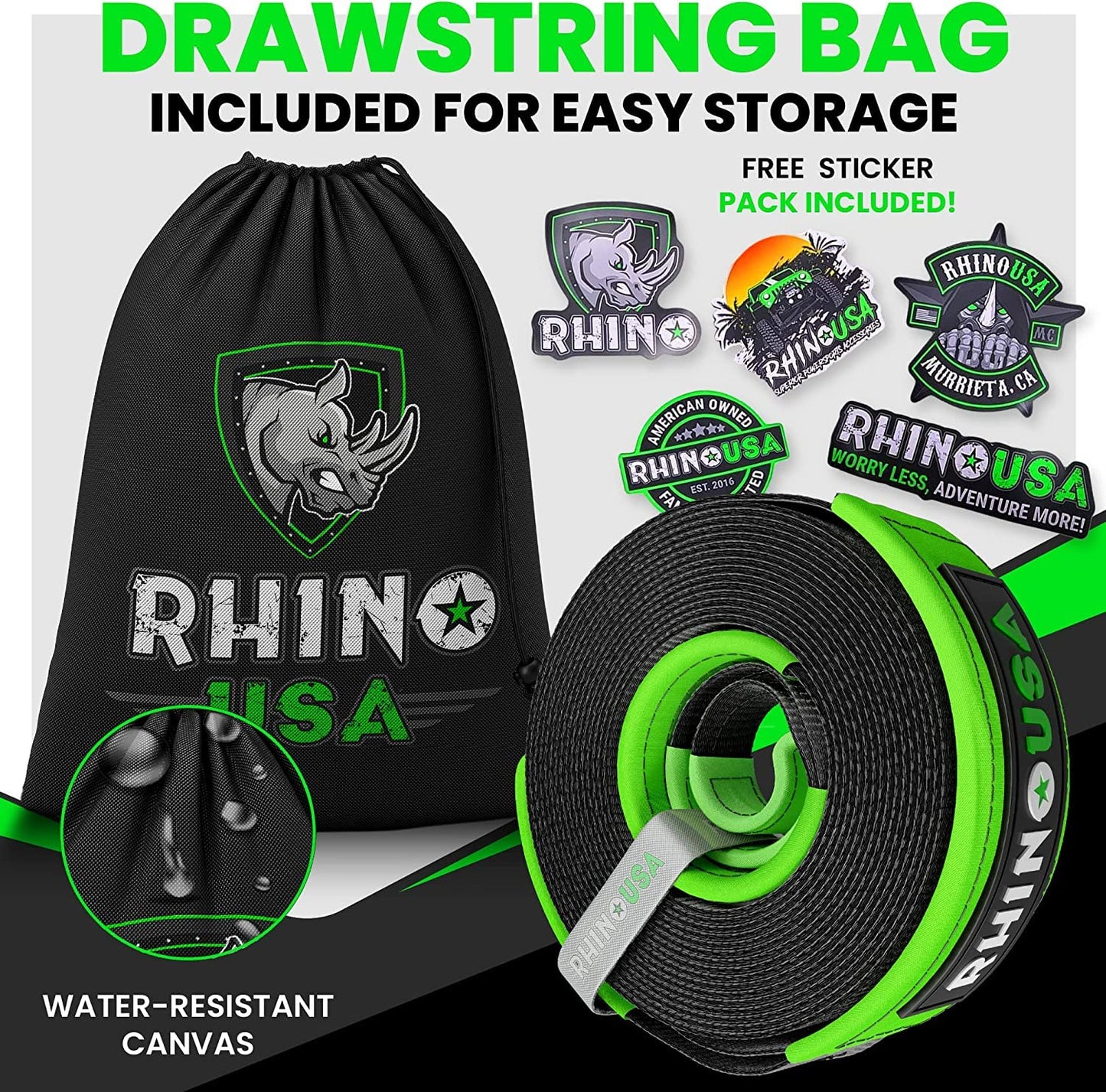 Rhino USA Correa de Remolque (7,6cmX6,1m) - Resistencia a la Rotura de 13.600 kg - Cuerda de Recuperación de Emergencia para Camión, UTV, ATV - Recuperación Heavy Duty para Uso Todoterreno 4X4 - Negra