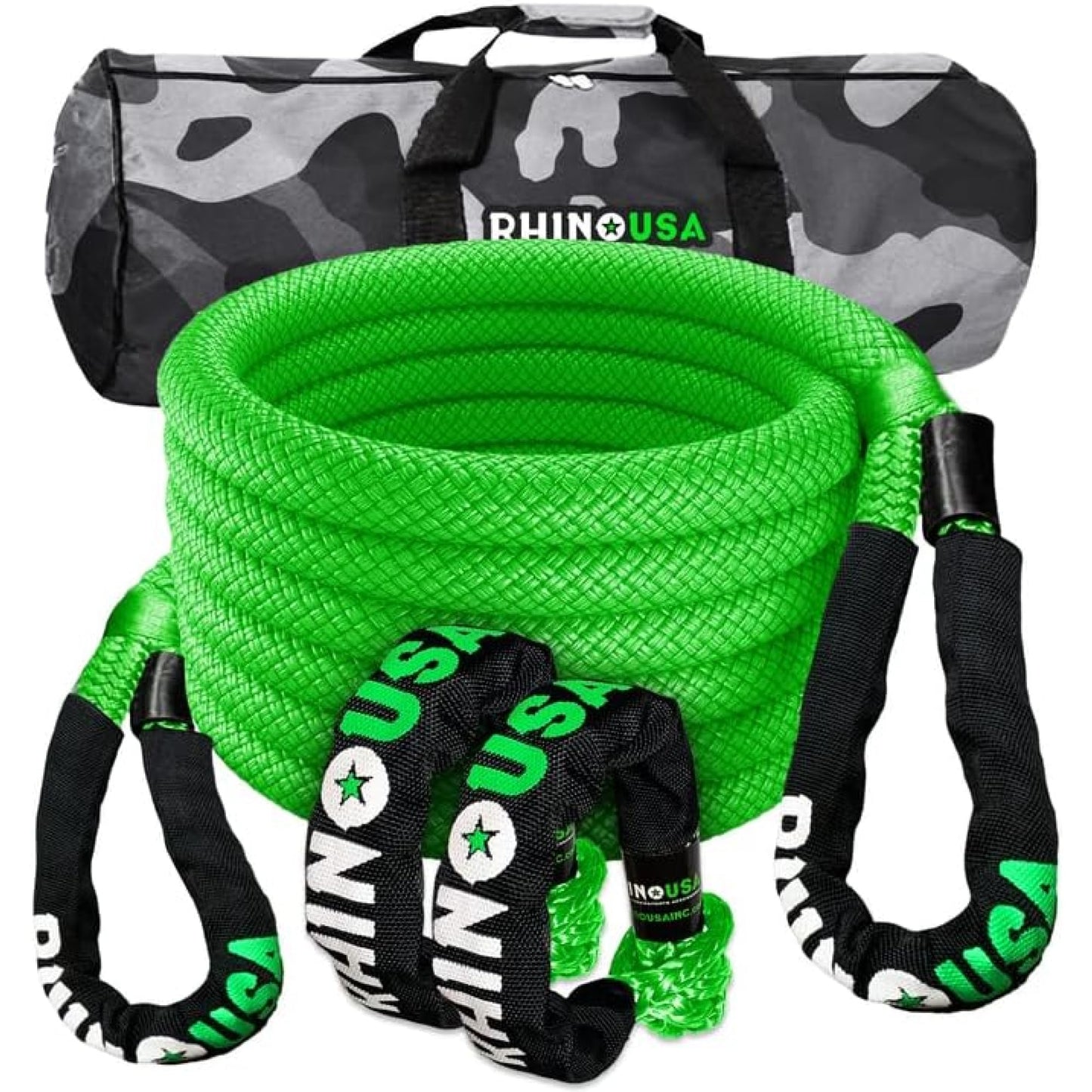 Rhino USA Cuerda Cinética para Remolque 13000kg - Cuerda de Remolque y Recuperación con 2X Grilletes - Correa de Rescate Todoterreno 2.2 cm x 9 m - para Todoterreno Quad UTV 4x4 - Verde