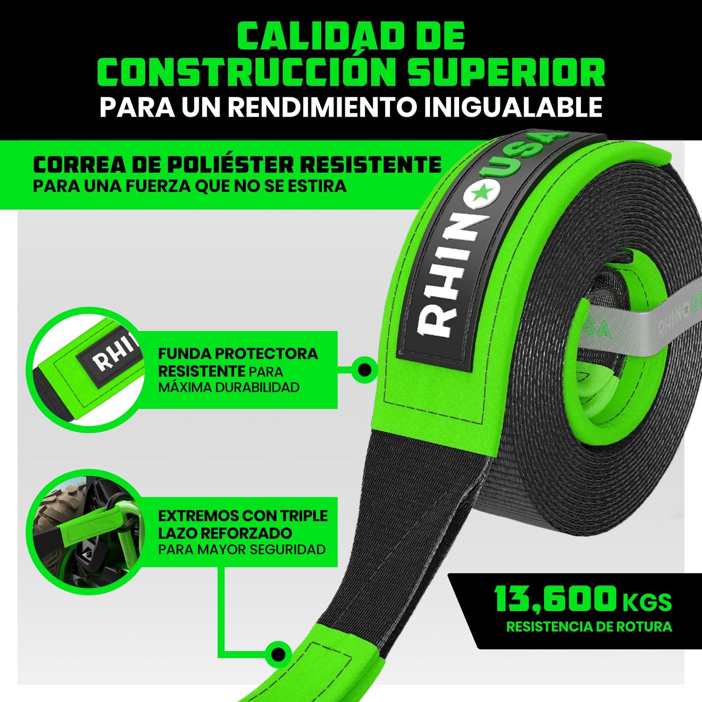 Rhino USA Correa de Remolque (7,6cmX6,1m) - Resistencia a la Rotura de 13.600 kg - Cuerda de Recuperación de Emergencia para Camión, UTV, ATV - Recuperación Heavy Duty para Uso Todoterreno 4X4 - Negra