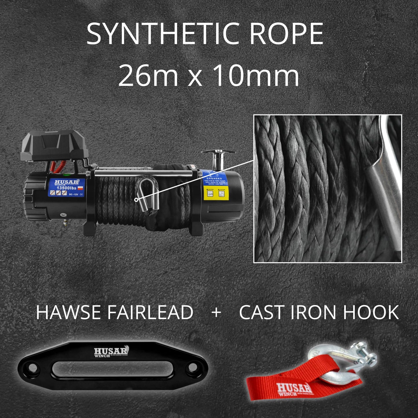 Husar Winch Cabrestante Eléctrico de 13500 lbs | 6124 kg, 12 V, Con Cuerda Sintética De 26 m, Control Inalámbrico, Transmisión Planetaria De 3 Etapas, Ideal Para Vehículos Todoterreno, Vehículos 4x4