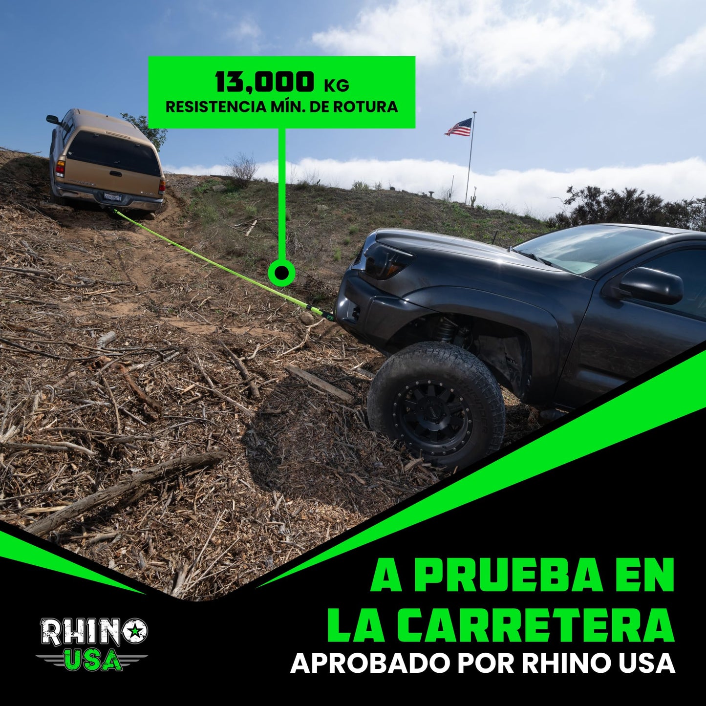Rhino USA Cuerda Cinética para Remolque 13000kg - Cuerda de Remolque y Recuperación con 2X Grilletes - Correa de Rescate Todoterreno 2.2 cm x 9 m - para Todoterreno Quad UTV 4x4 - Verde