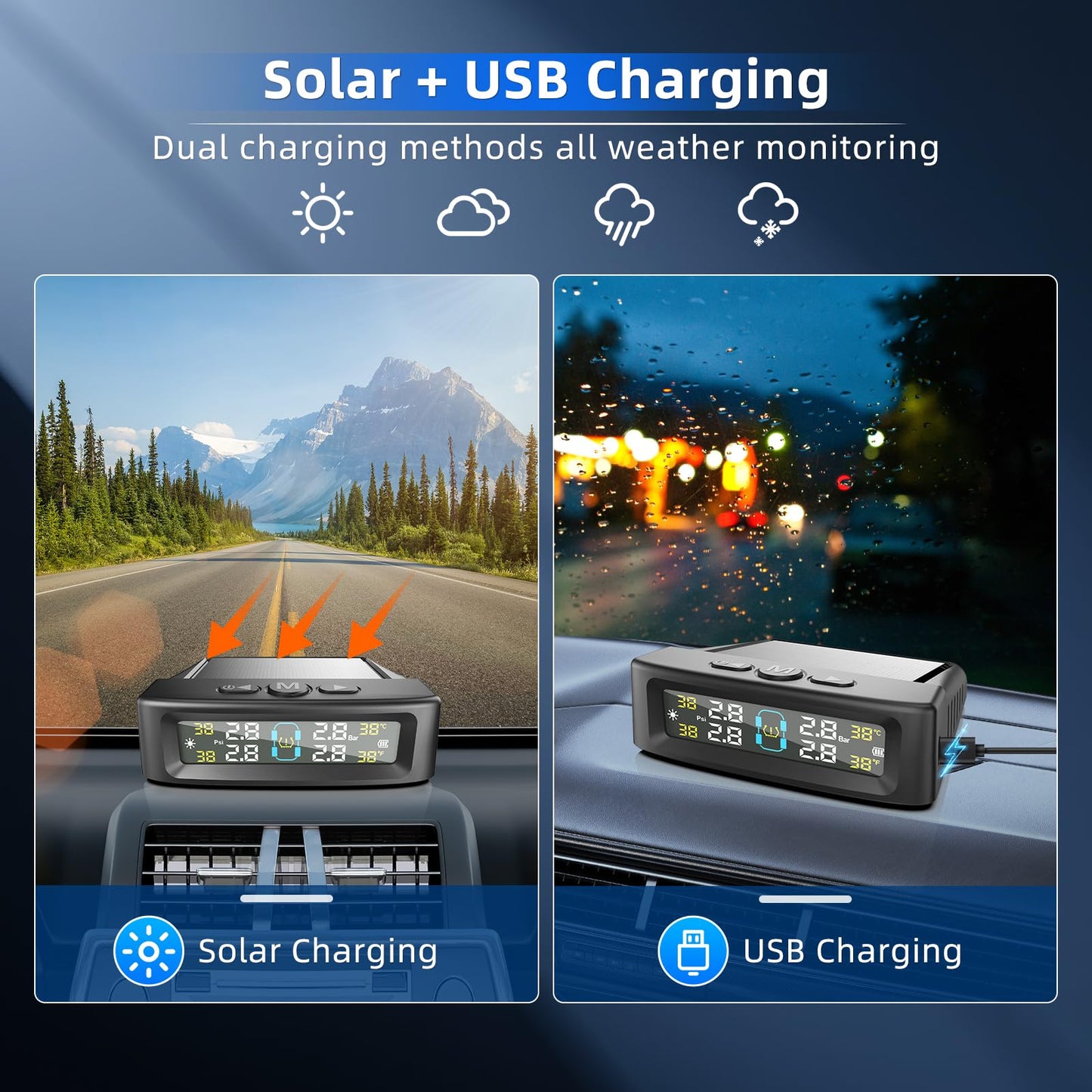 KAOLALI Sistema de monitoreo de presión de neumáticos TPMS Solar Wireless Monitor de presión de neumáticos con 4 sensores externos, visualización en tiempo real, presión de temperatura, 5 bares, carga