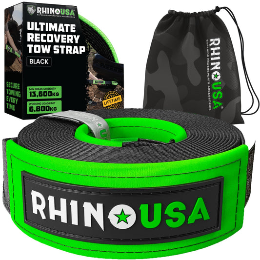 Rhino USA Correa de Remolque (7,6cmX6,1m) - Resistencia a la Rotura de 13.600 kg - Cuerda de Recuperación de Emergencia para Camión, UTV, ATV - Recuperación Heavy Duty para Uso Todoterreno 4X4 - Negra