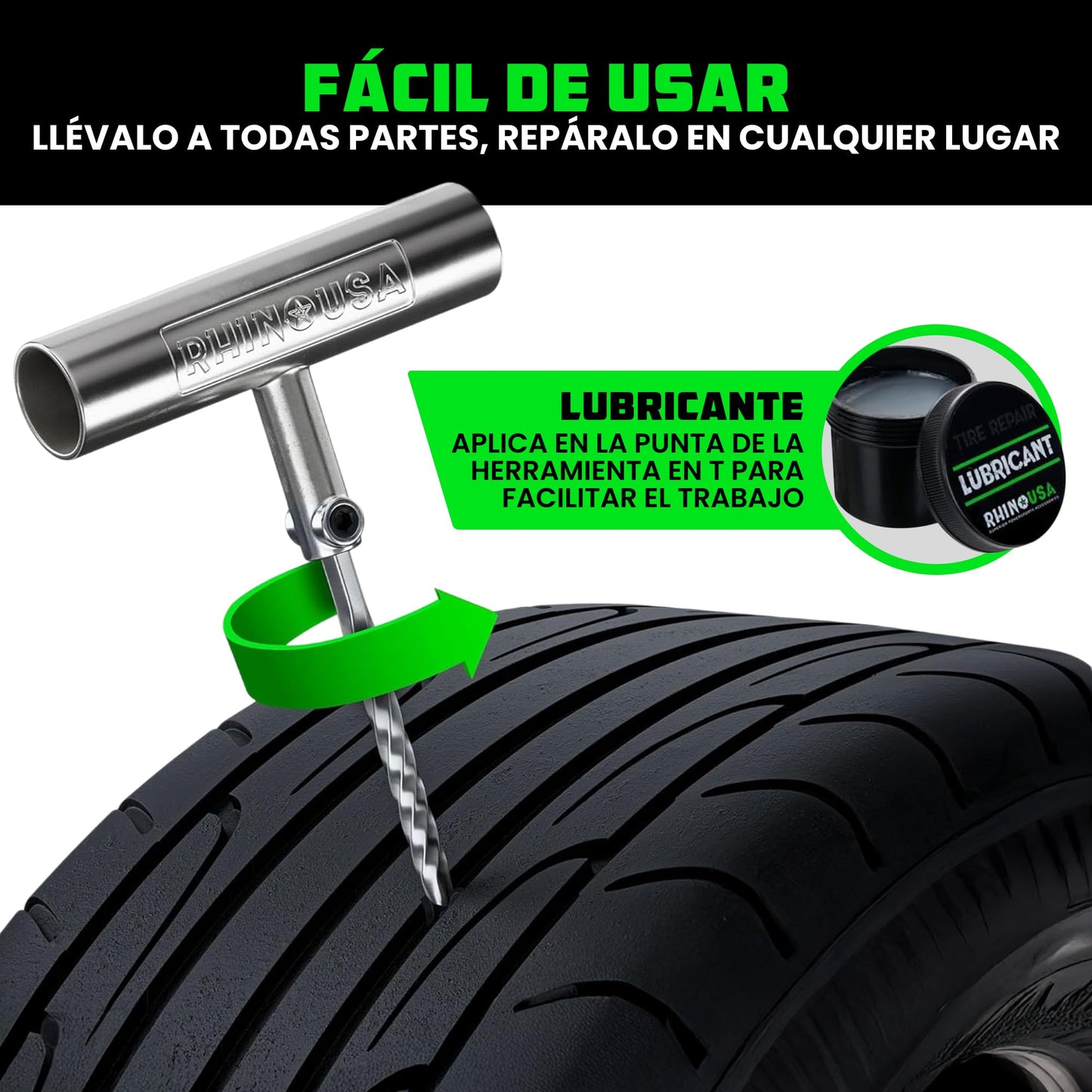 Rhino USA Kit de Reparación de Neumáticos (86 Piezas) Profesional – para Reparar pinchazos y sellar neumáticos sin cámara – Herramientas Completas para Coche, Moto, ATV, UTV, Caravana y Remolque