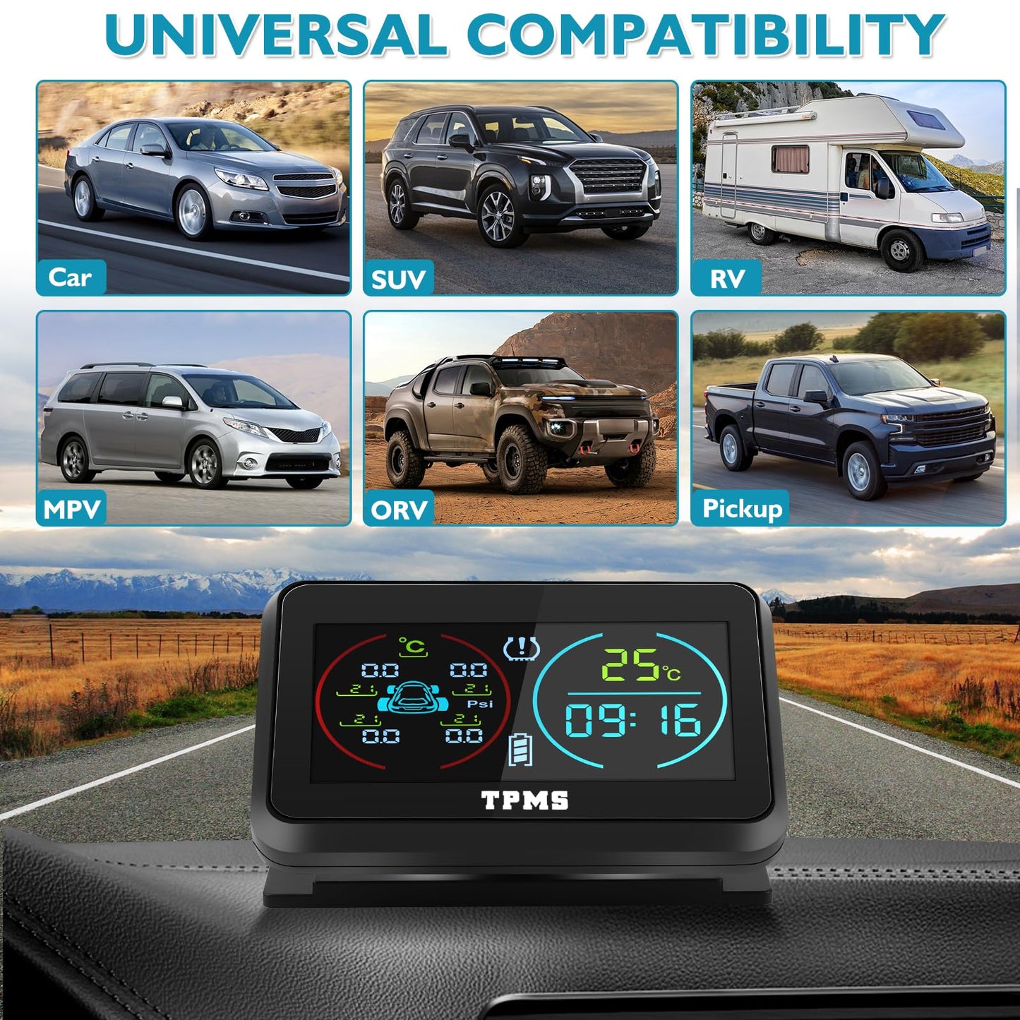 KAOLALI TPMS Sistema de monitoreo de presión de neumáticos, TPMS de visualización de Tiempo y Temperatura, Carga Solar y función de Carga USB, con 4 sensores externos de presión de neumáticos para RV