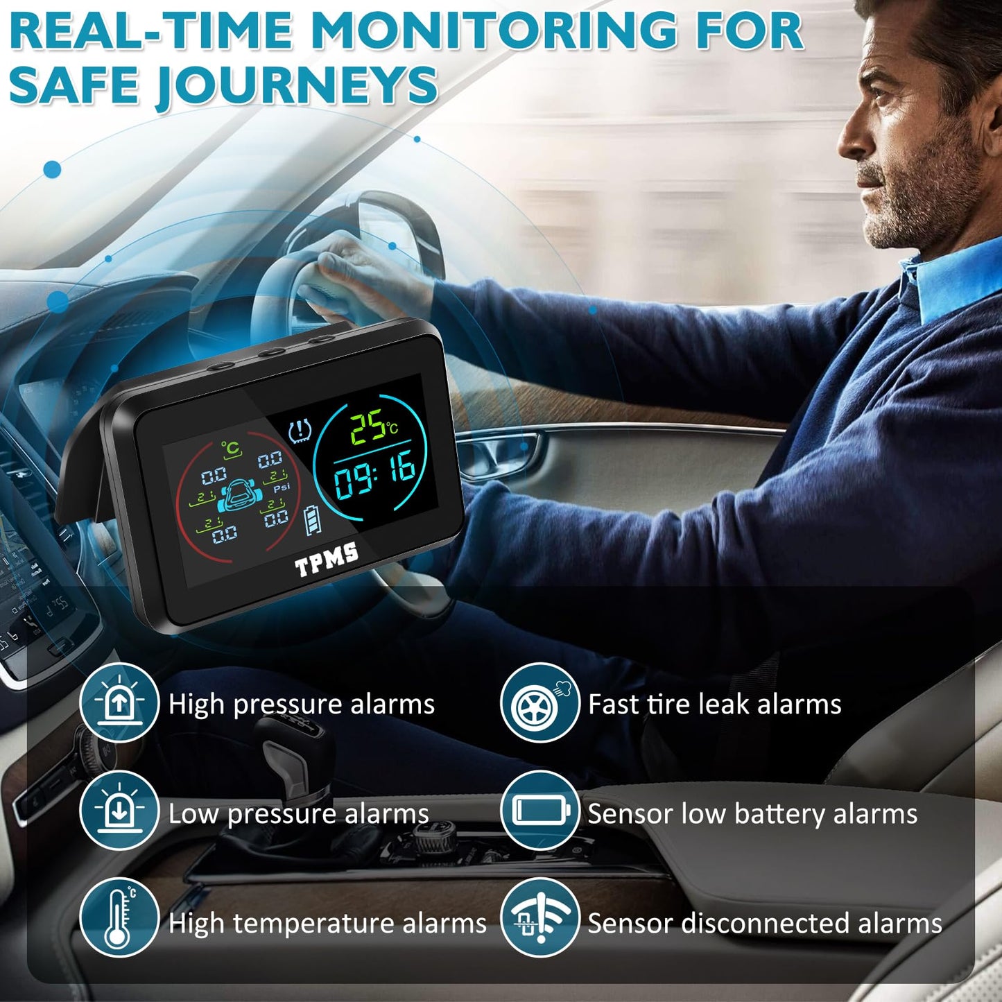 KAOLALI TPMS Sistema de monitoreo de presión de neumáticos, TPMS de visualización de Tiempo y Temperatura, Carga Solar y función de Carga USB, con 4 sensores externos de presión de neumáticos para RV