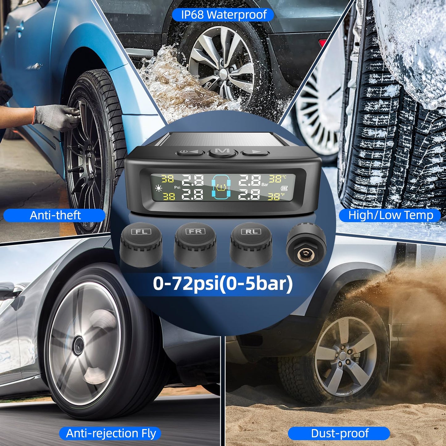 KAOLALI Sistema de monitoreo de presión de neumáticos TPMS Solar Wireless Monitor de presión de neumáticos con 4 sensores externos, visualización en tiempo real, presión de temperatura, 5 bares, carga
