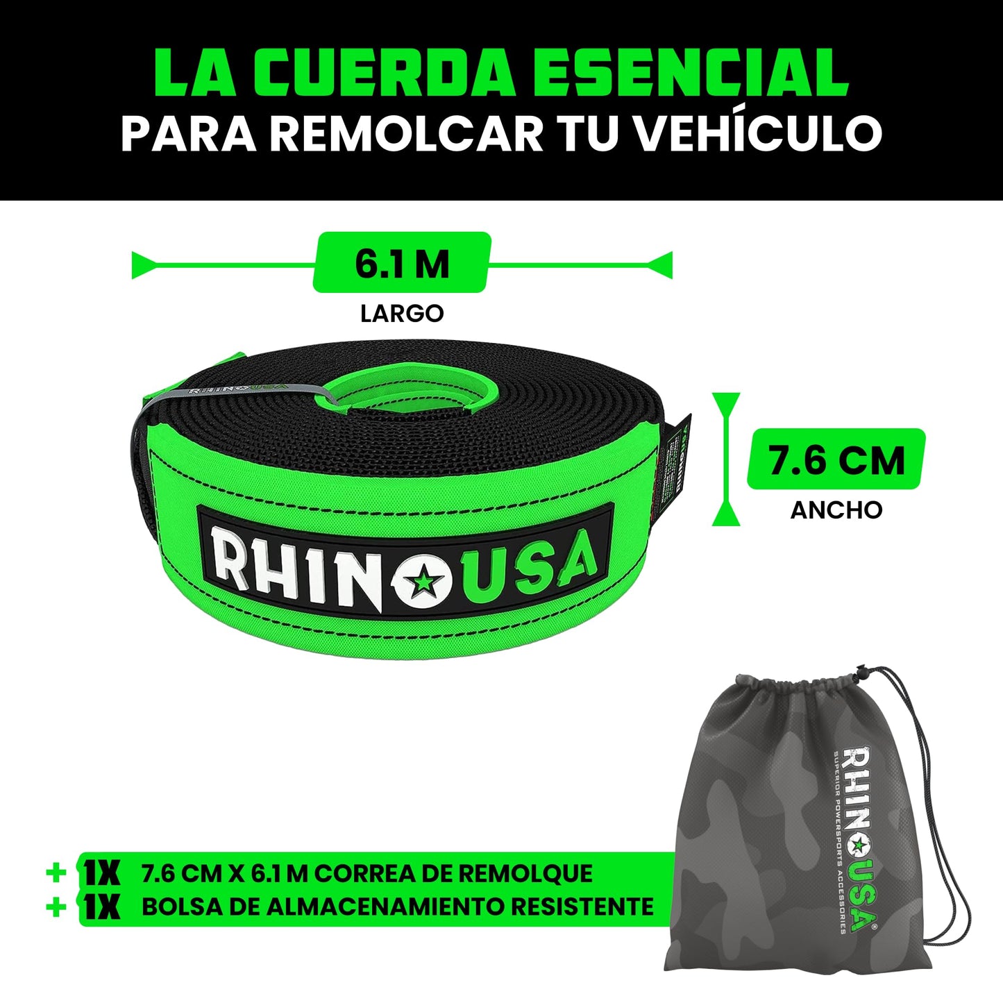 Rhino USA Correa de Remolque (7,6cmX6,1m) - Resistencia a la Rotura de 13.600 kg - Cuerda de Recuperación de Emergencia para Camión, UTV, ATV - Recuperación Heavy Duty para Uso Todoterreno 4X4 - Negra