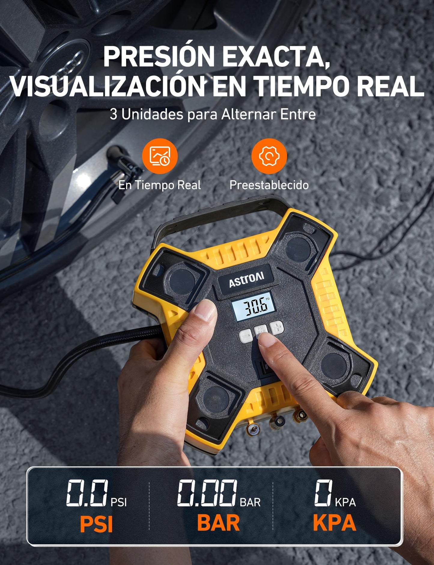 AstroAI Inflador Ruedas Coche de 160 PSI 12V con Larga Vida Útil, Compresor Aire Portátil, Compresor Aire Coche, Hinchador Ruedas Coche con Luz LED, Pantalla Digital y Manómetro para Coche y Etc.