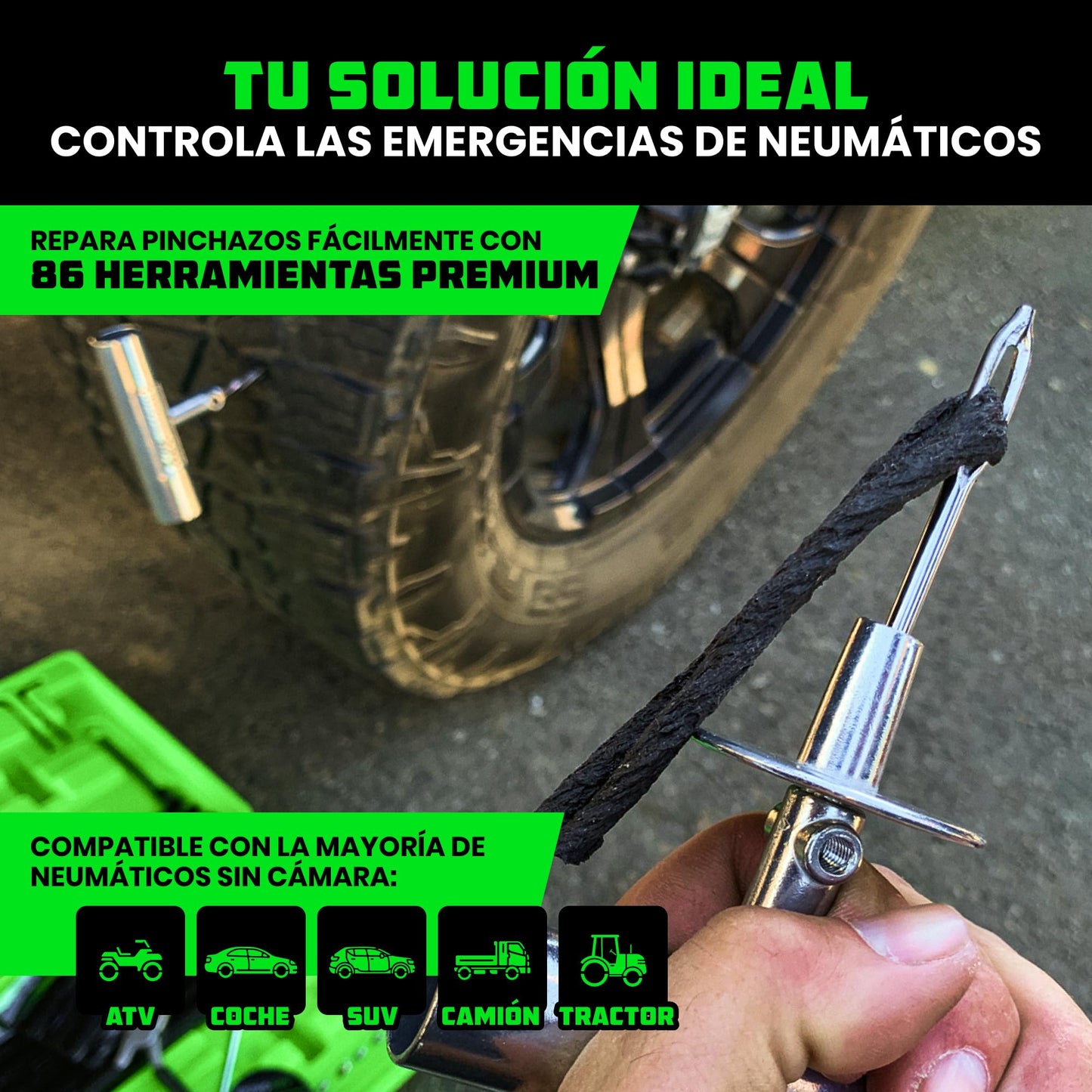 Rhino USA Kit de Reparación de Neumáticos (86 Piezas) Profesional – para Reparar pinchazos y sellar neumáticos sin cámara – Herramientas Completas para Coche, Moto, ATV, UTV, Caravana y Remolque