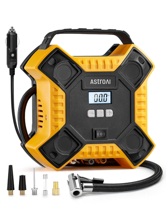 AstroAI Inflador Ruedas Coche de 160 PSI 12V con Larga Vida Útil, Compresor Aire Portátil, Compresor Aire Coche, Hinchador Ruedas Coche con Luz LED, Pantalla Digital y Manómetro para Coche y Etc.
