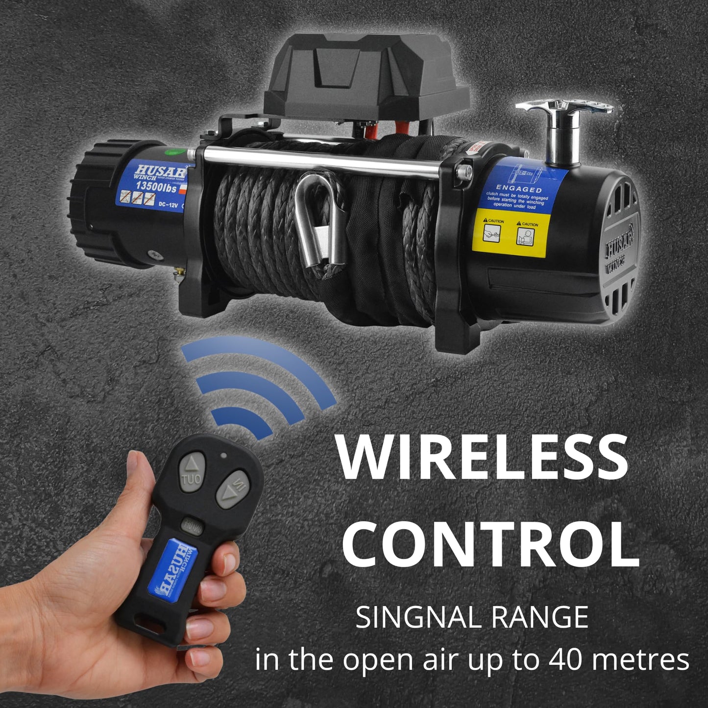 Husar Winch Cabrestante Eléctrico de 13500 lbs | 6124 kg, 12 V, Con Cuerda Sintética De 26 m, Control Inalámbrico, Transmisión Planetaria De 3 Etapas, Ideal Para Vehículos Todoterreno, Vehículos 4x4