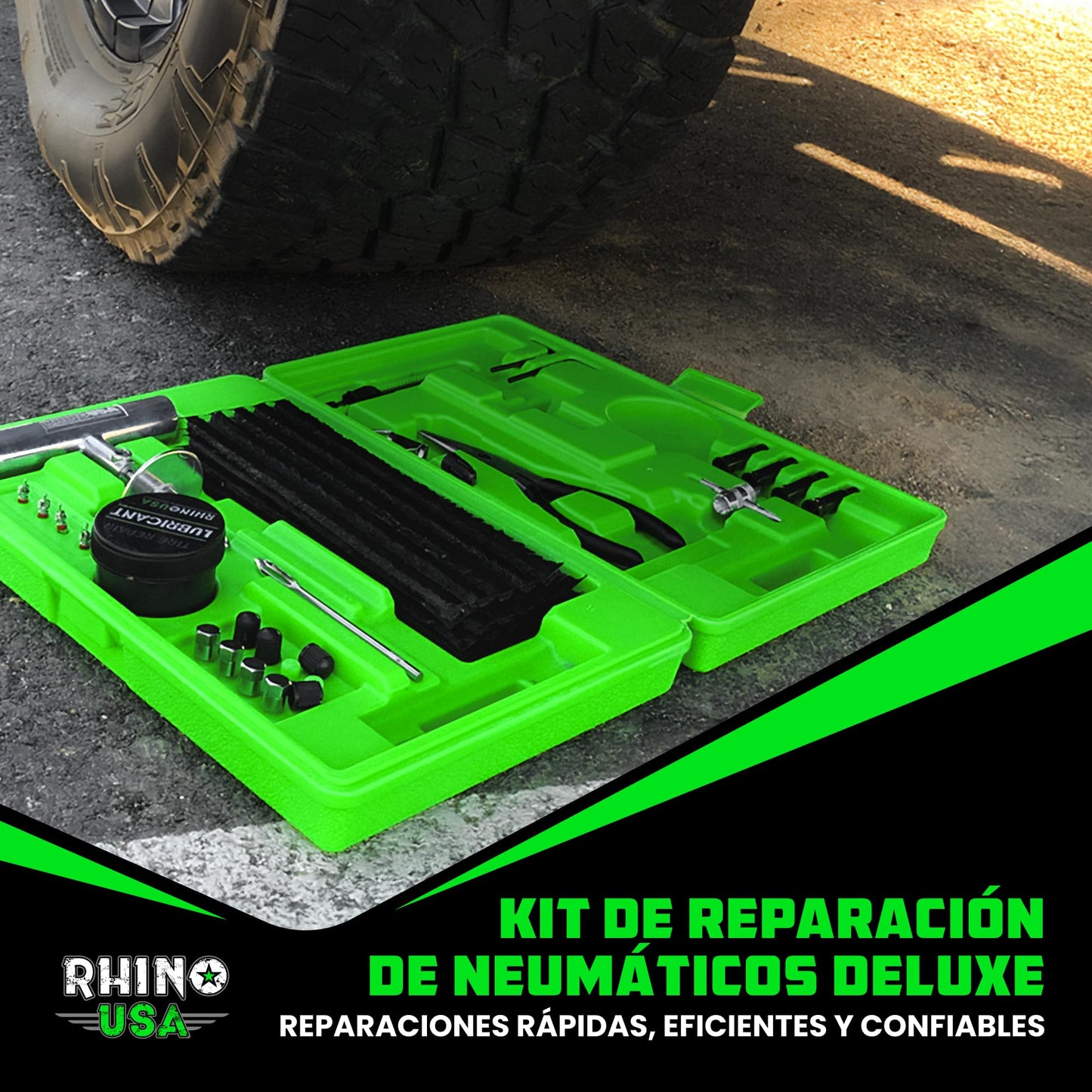 Rhino USA Kit de Reparación de Neumáticos (86 Piezas) Profesional – para Reparar pinchazos y sellar neumáticos sin cámara – Herramientas Completas para Coche, Moto, ATV, UTV, Caravana y Remolque
