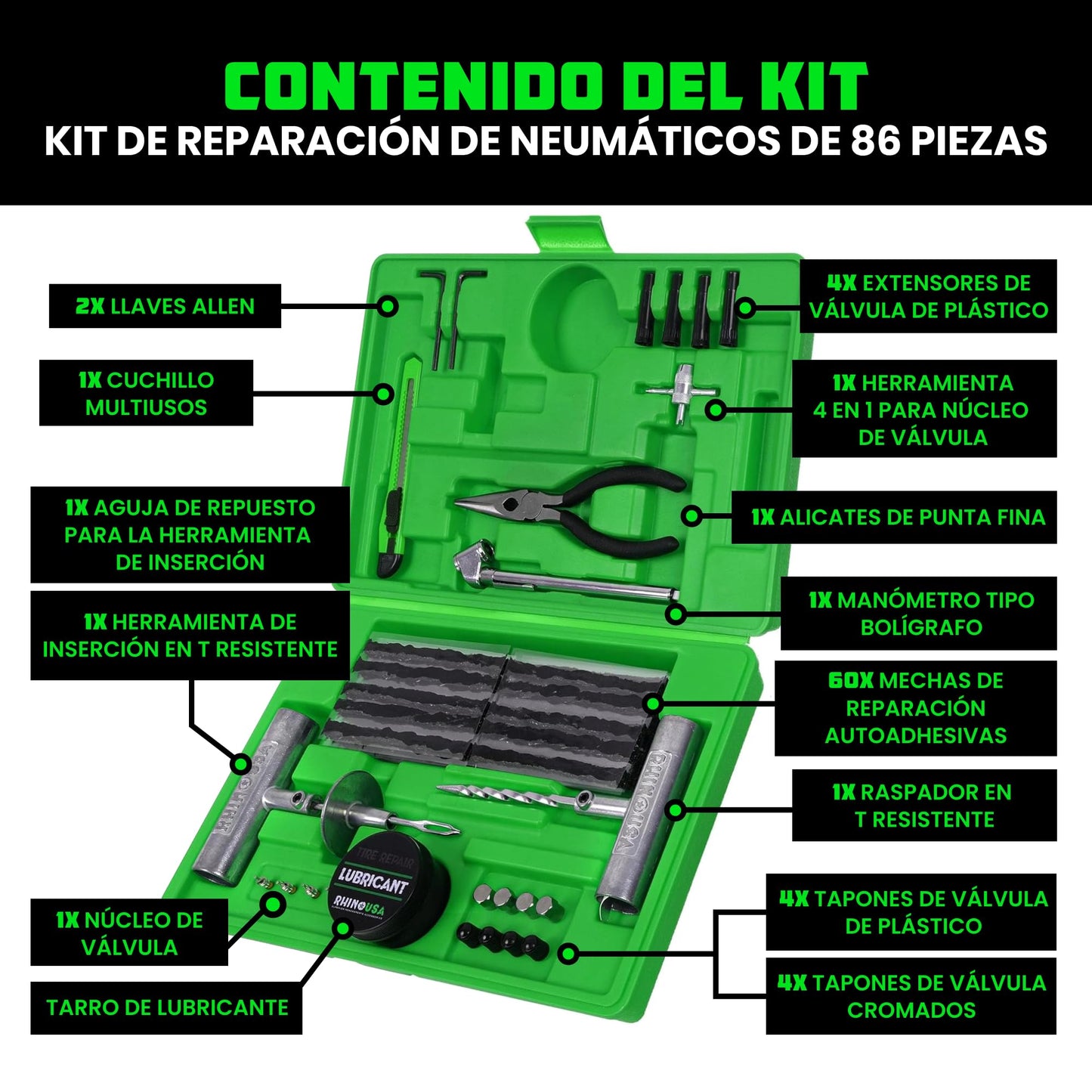 Rhino USA Kit de Reparación de Neumáticos (86 Piezas) Profesional – para Reparar pinchazos y sellar neumáticos sin cámara – Herramientas Completas para Coche, Moto, ATV, UTV, Caravana y Remolque