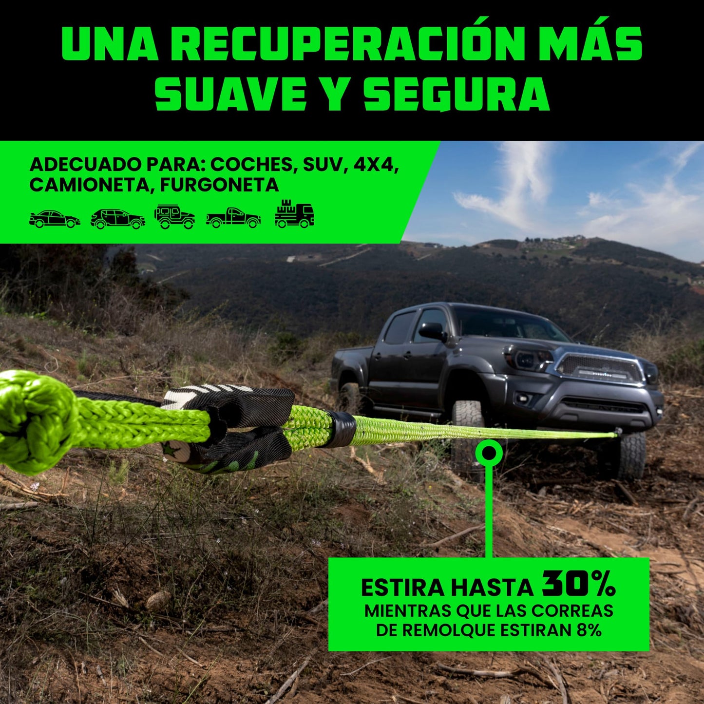 Rhino USA Cuerda Cinética para Remolque 13000kg - Cuerda de Remolque y Recuperación con 2X Grilletes - Correa de Rescate Todoterreno 2.2 cm x 9 m - para Todoterreno Quad UTV 4x4 - Verde