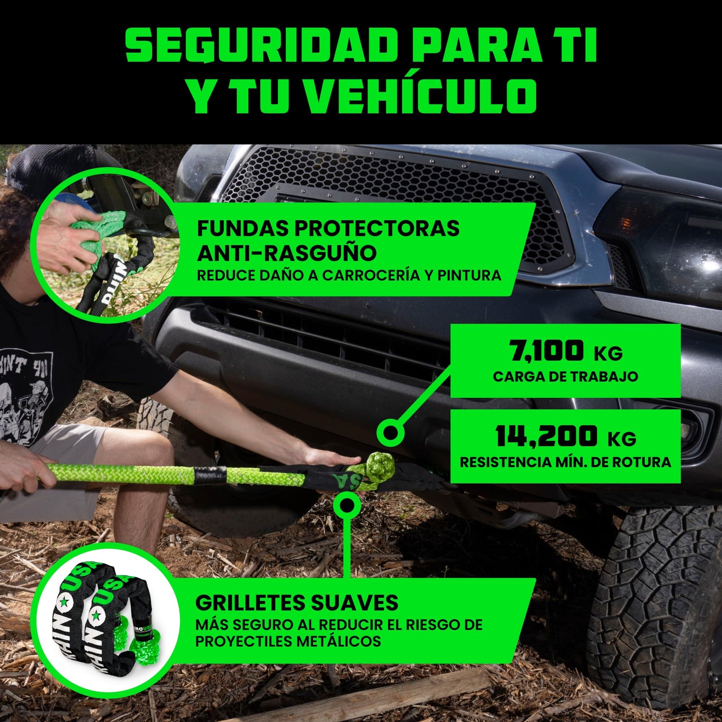 Rhino USA Cuerda Cinética para Remolque 13000kg - Cuerda de Remolque y Recuperación con 2X Grilletes - Correa de Rescate Todoterreno 2.2 cm x 9 m - para Todoterreno Quad UTV 4x4 - Verde