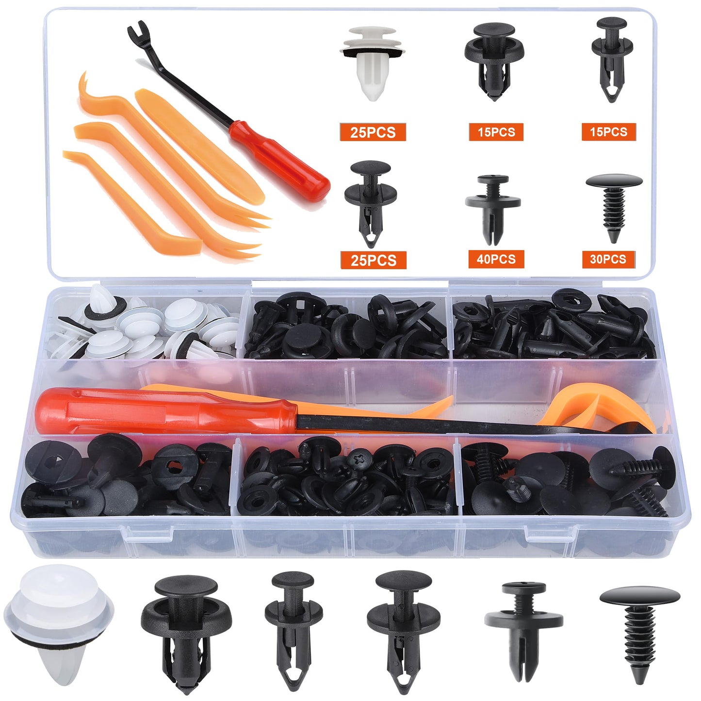 Preciva grapas coche surtido con remaches y clips, grapas para coche 150 unidades con 6 tipos, 5 saca grapas incluidos, grapas para coche, chinchetas techo coche, accesorios coche interior