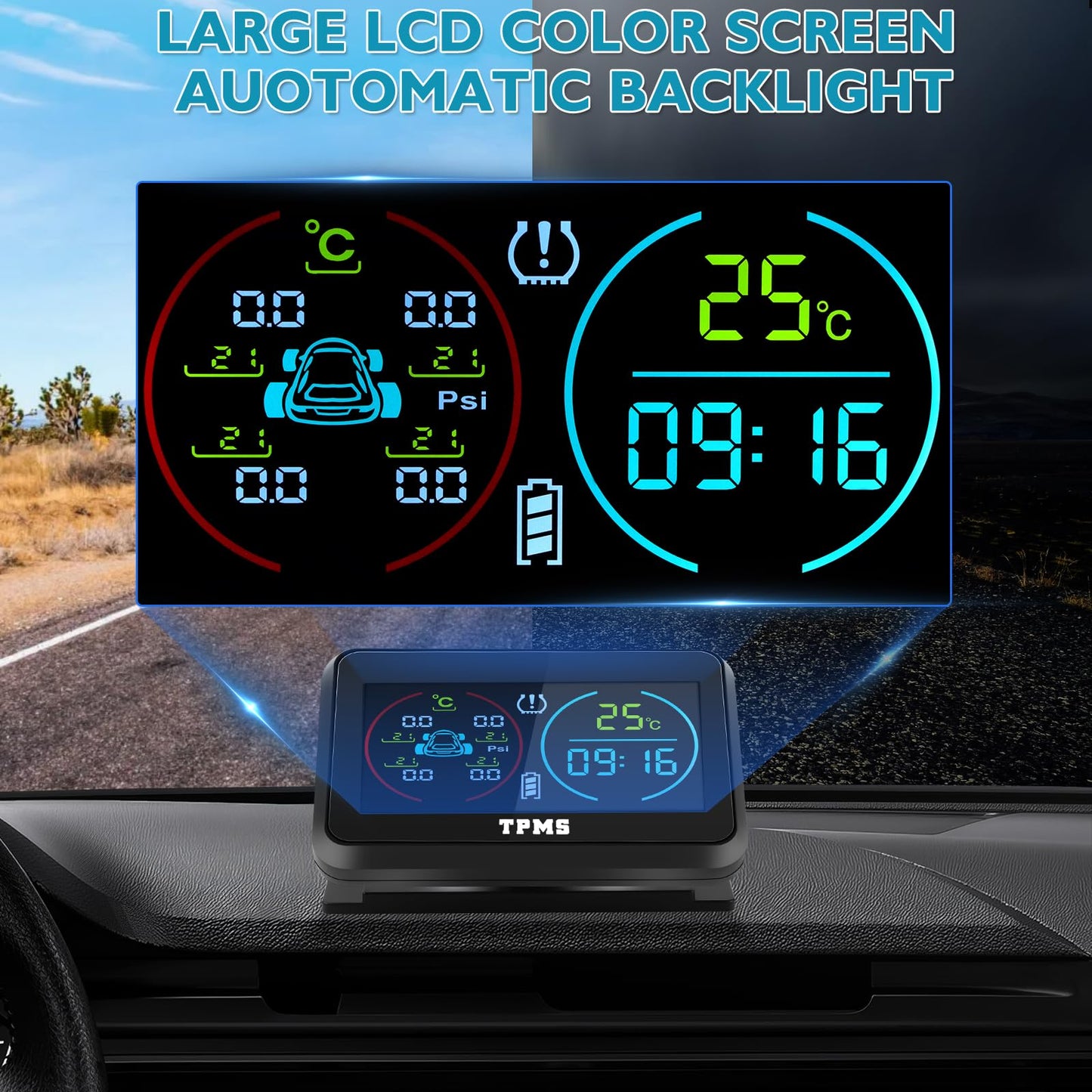 KAOLALI TPMS Sistema de monitoreo de presión de neumáticos, TPMS de visualización de Tiempo y Temperatura, Carga Solar y función de Carga USB, con 4 sensores externos de presión de neumáticos para RV