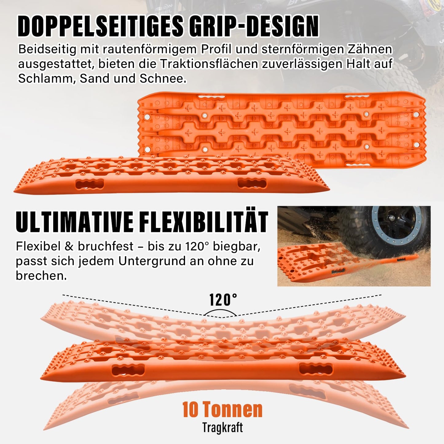 Tablero De Tracción Para Nieve Y Barro, 2 Piezas - Alta Resistencia 10 Toneladas, Diseño Antideslizante Con Clavos En Cruz Y Pentágono, Para Vehículos Todo Terreno | Negro, Rojo, Naranja