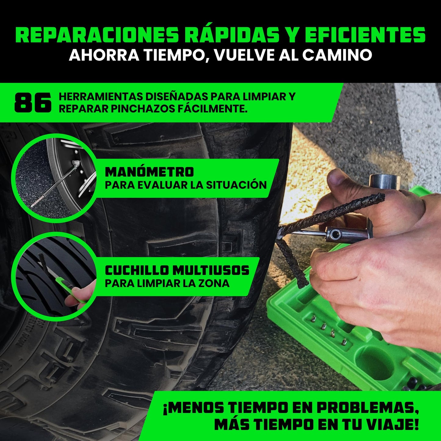 Rhino USA Kit de Reparación de Neumáticos (86 Piezas) Profesional – para Reparar pinchazos y sellar neumáticos sin cámara – Herramientas Completas para Coche, Moto, ATV, UTV, Caravana y Remolque