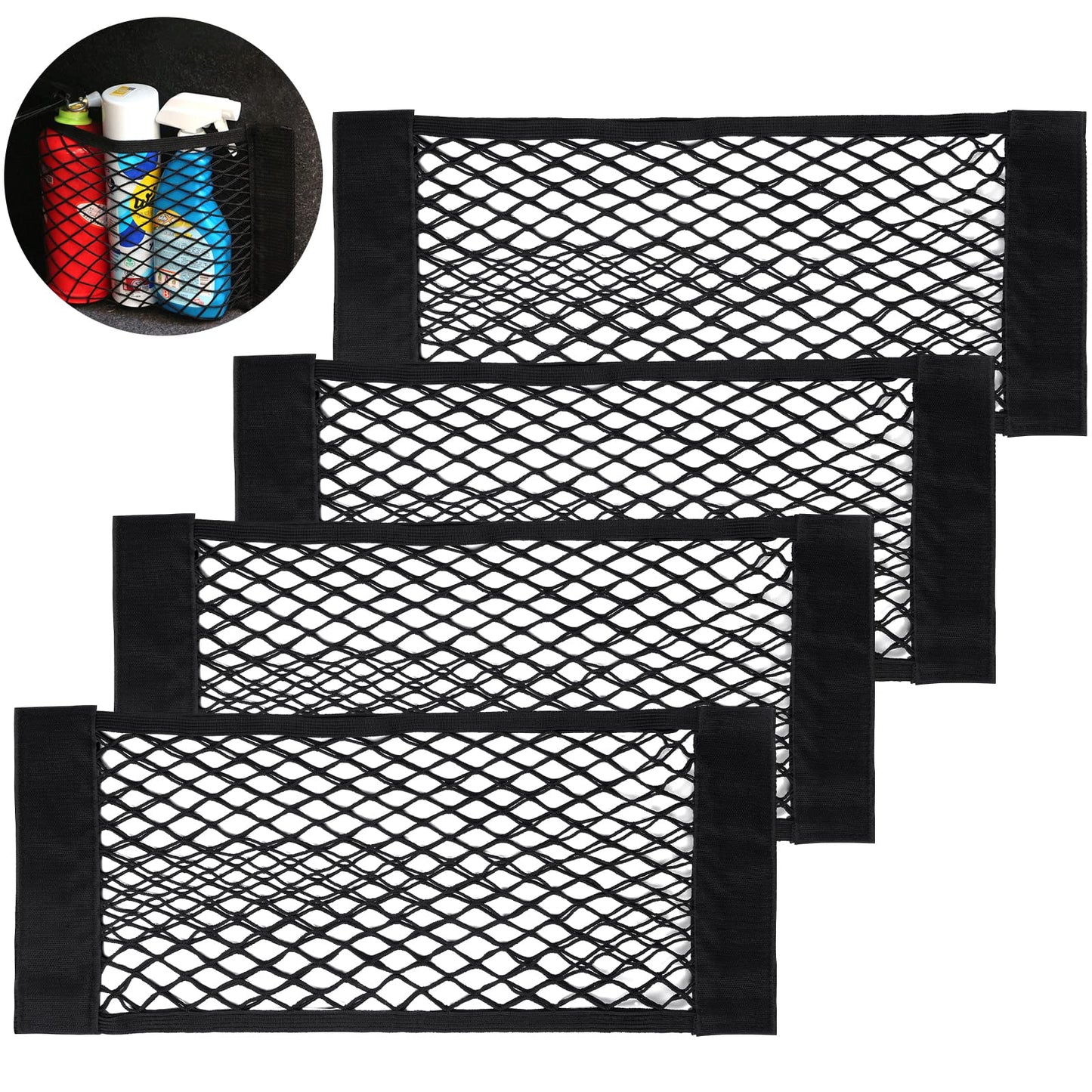 UIHOL Red de Bolso Coche, (4PCS 40×25cm) Organizador Maletero de Coche, Duradera Almacenamiento para Tronco Trunk Storage Net Malla de Vehículo Gran Capacidad Pocket Organizer con mágicas Pegatinas