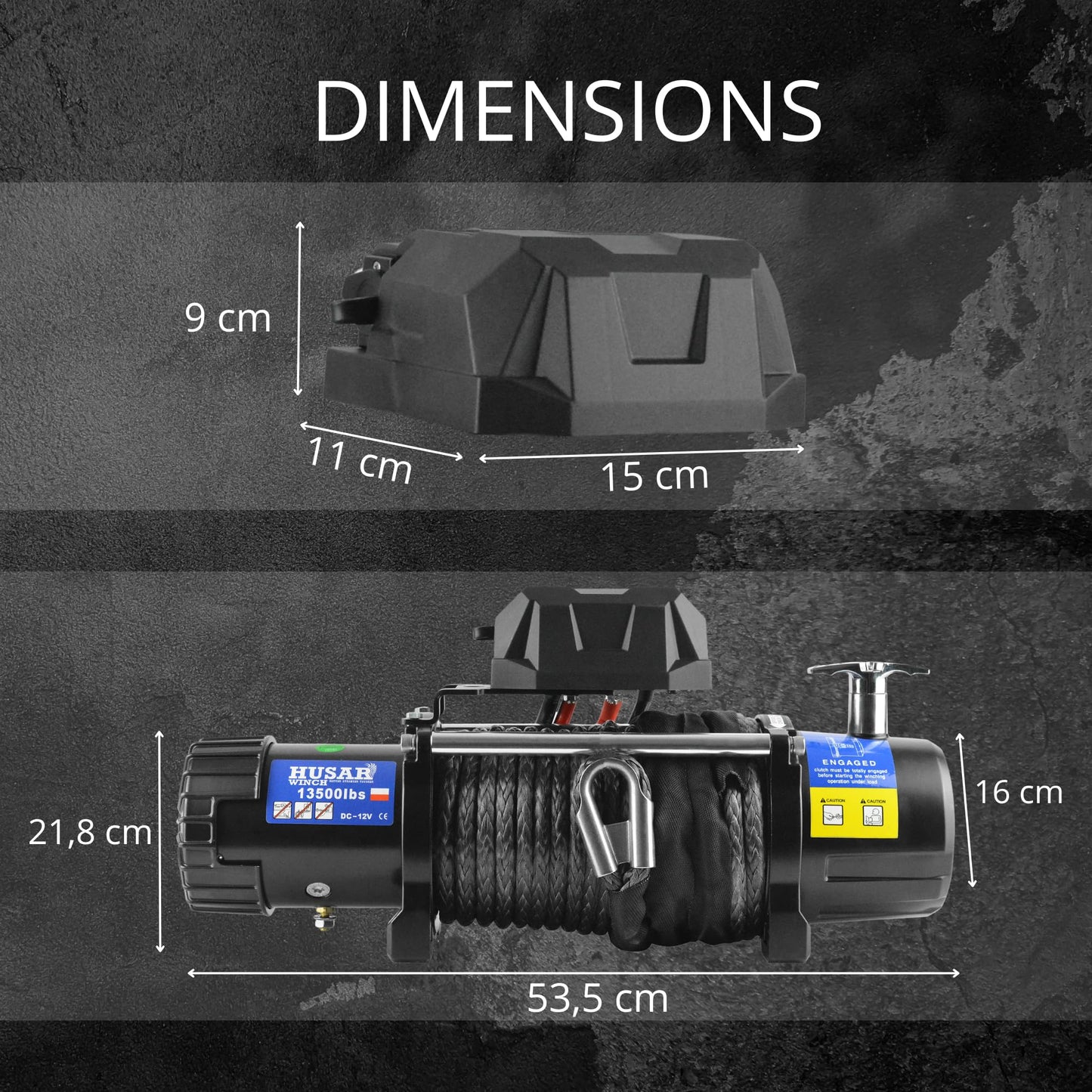 Husar Winch Cabrestante Eléctrico de 13500 lbs | 6124 kg, 12 V, Con Cuerda Sintética De 26 m, Control Inalámbrico, Transmisión Planetaria De 3 Etapas, Ideal Para Vehículos Todoterreno, Vehículos 4x4