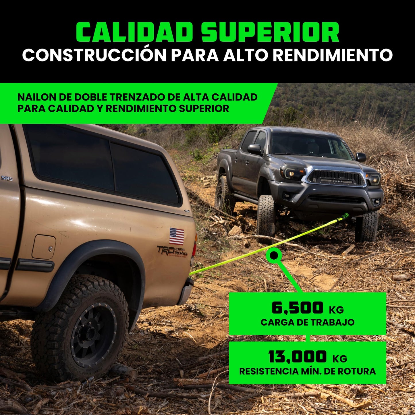 Rhino USA Cuerda Cinética para Remolque 13000kg - Cuerda de Remolque y Recuperación con 2X Grilletes - Correa de Rescate Todoterreno 2.2 cm x 9 m - para Todoterreno Quad UTV 4x4 - Verde