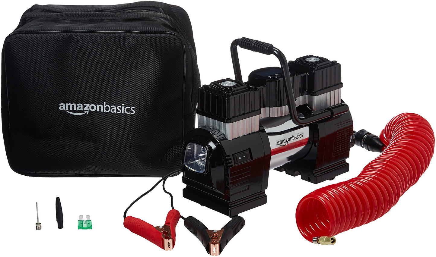 Amazon Basics Compresor de aire portátil Digital con pinza doble de batería, con estuche de transporte, Gris Oscuro