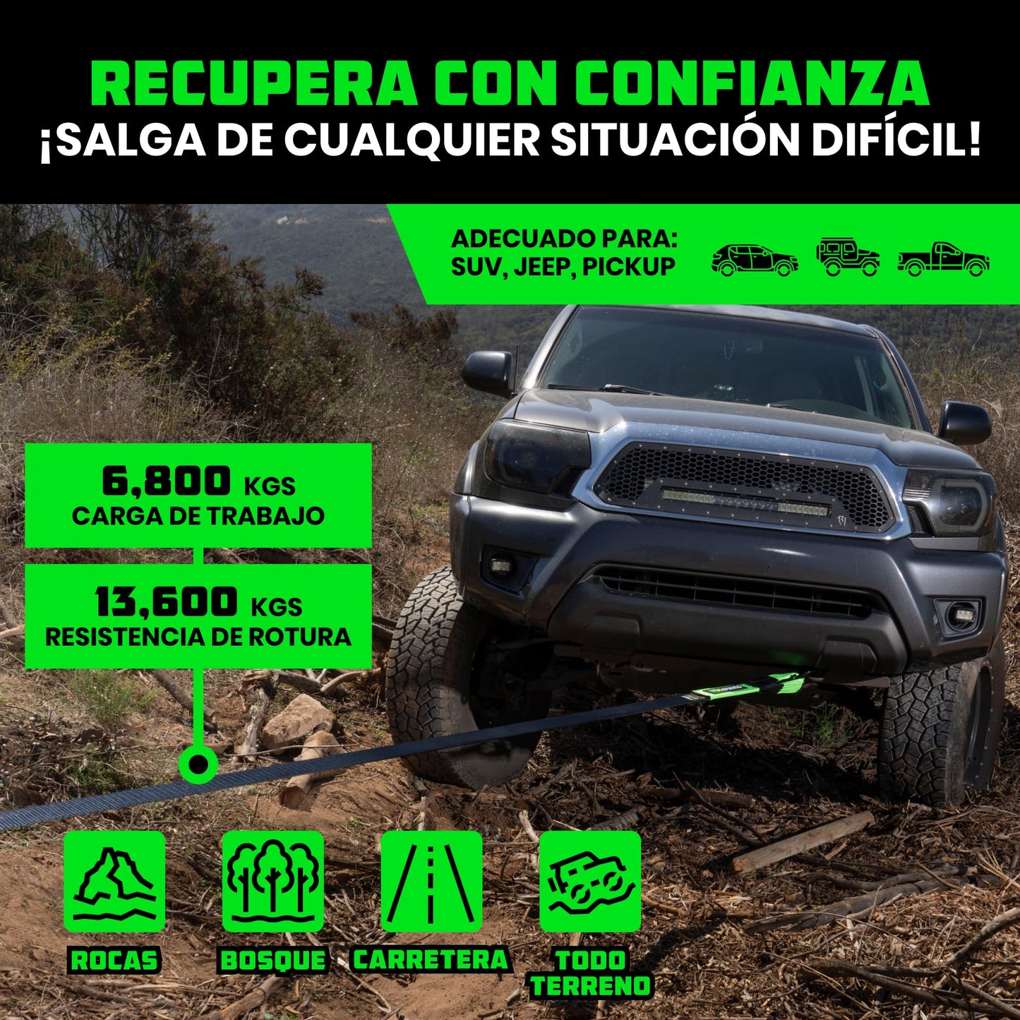 Rhino USA Correa de Remolque (7,6cmX6,1m) - Resistencia a la Rotura de 13.600 kg - Cuerda de Recuperación de Emergencia para Camión, UTV, ATV - Recuperación Heavy Duty para Uso Todoterreno 4X4 - Negra